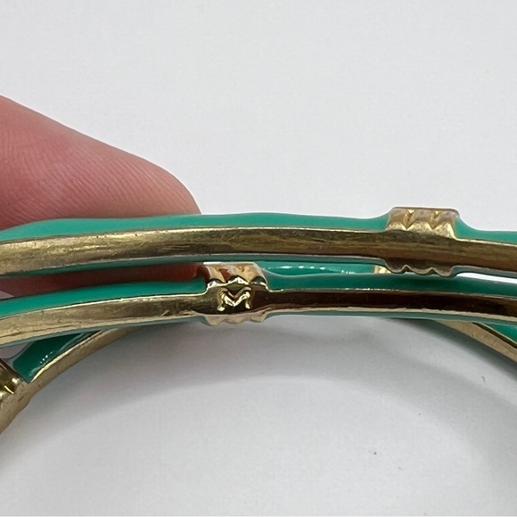 Set of three teal / turquoise enamel bangles with gold and crystals - Picture 6 of 6